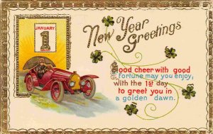 Racing Car New Year Greeting Gold Edged 1915 postcard