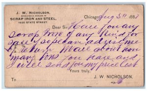 1887 J.W. Nicholson Scrap Iron and Steel Chicago IL Onawa IA Postal Card