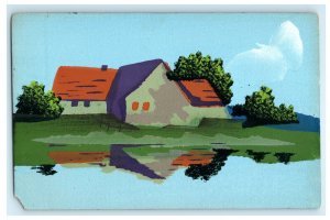 c1910 Tranquil Hand Painted Art Cottage House by Lake Antique European Postcard