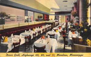 Meridian, Mississippi DAVIS GRILL Lauderdale County '40s Linen Roadside Postcard