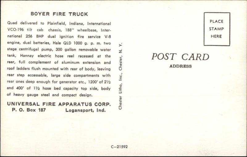 Plainfield IN Fire Truck Universal Fire Apparatus Corp Logansport IN Postcard