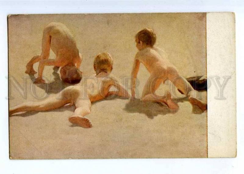 189396 Playing NUDE Boys Beach Sun by THOME Vintage color PC