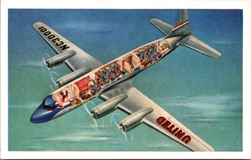 Postcard Cutaway View of United's 4-engined Mainliner Age of Flight