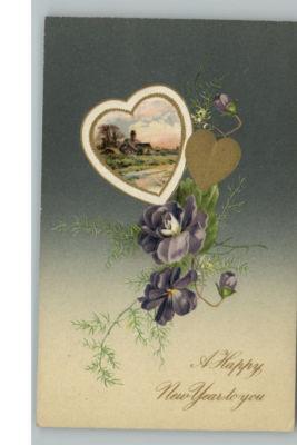 Winsch New Year Hearts Flowers c1910 Postcard