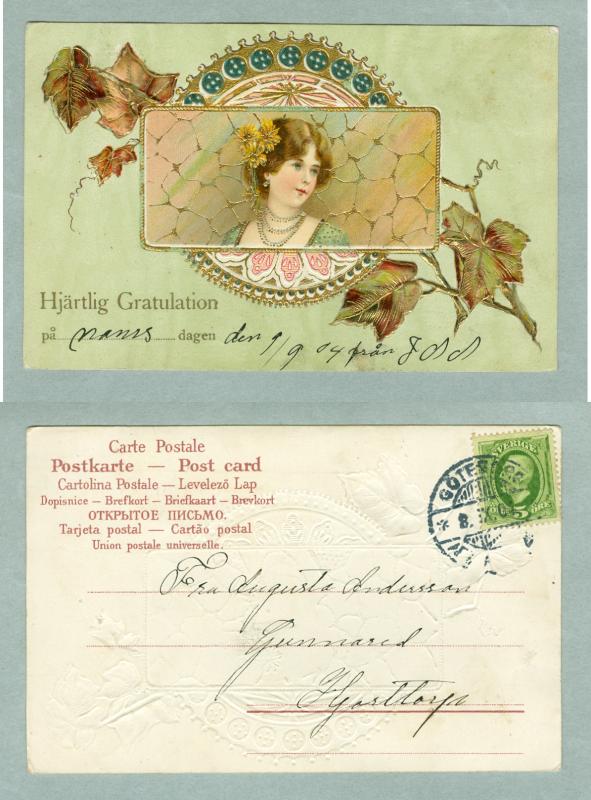 Sweden.1904.Congrat's.Lady With Flowers.Embossed.Gold.Post Used