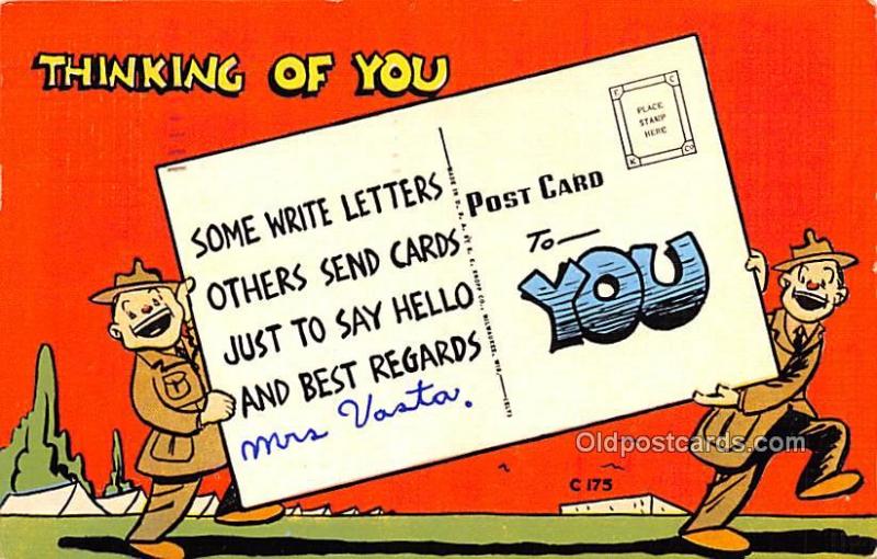 Military Comic Postcard, Old Vintage Antique Post Card Thinking of you 1946
