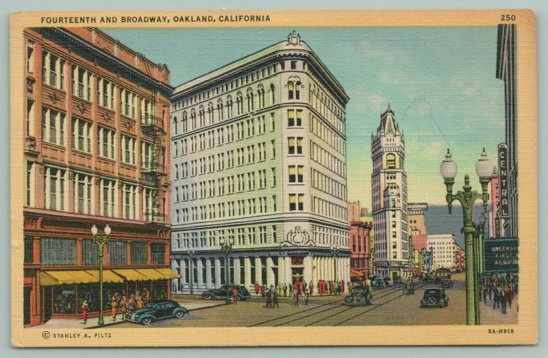 Oakland CA~Broadway~Fourteenth St~San Pablo Ave~Telegraph~1935 Postcard