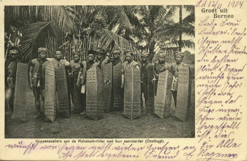 indonesia, BORNEO, Dayak Headhunters Mahakam River, Shields (1904) Postcard (1)