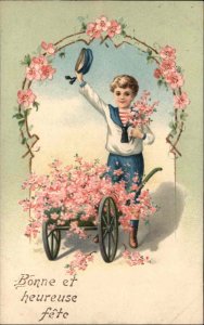 Birthday Bonne et heureuse fete Little Boy Flower Cart c1910 Postcard