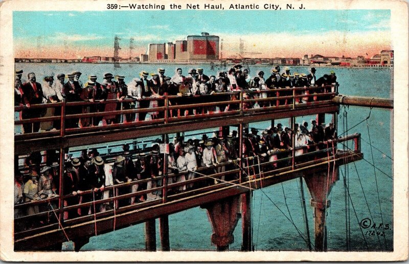 Watching Net Haul Atlantic City New Jersey Cancel Postcard 1c Stamp PM Vintage 