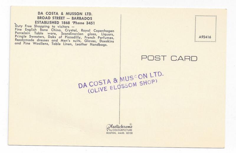 Barbados Da Costa Musson Ltd Broad Street Duty Free Shop Vtg Postcard