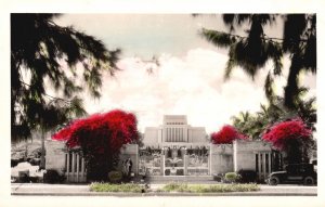 Postcard Real Photo Stone Building Hand Tinted Vintage Car on Street RPPC