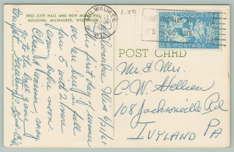 Milwaukee Wisconsin~City Hall~Municipal Building~c1950 Postcard 