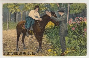 P2939, good old days postcard couples woman on horse stop your going to far nice