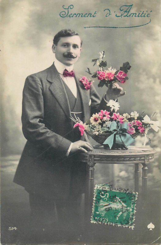 greetings Post card moustache elegant suit gentleman flower basket arrangement