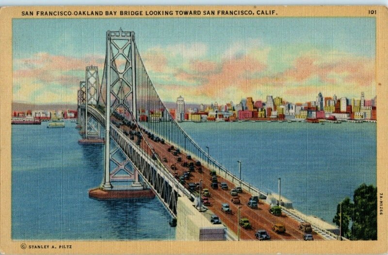 San Francisco Oakland Bay Bridge California Linen Postcard