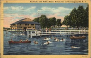 Chautauqua Lake New York NY Casino Bathing Beach Vintage Linen Postcard