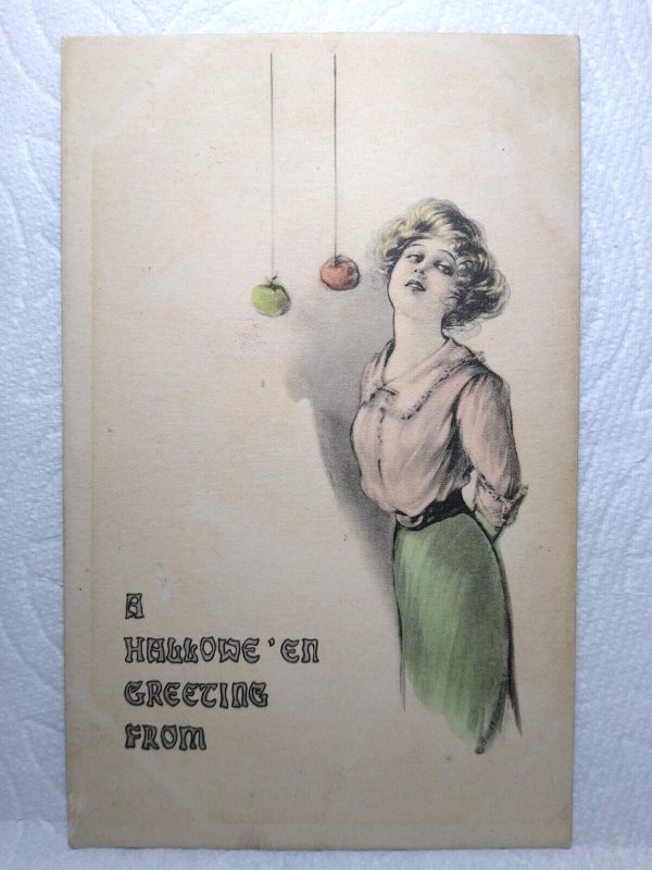 Halloween Postcard May L. Farini Hand Colored Tinted Women Apples Hanging 1912