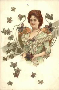 Art Nouveau Beautiful Woman Frilled Dress Flowers Jewelry #803 c1900 Postcard