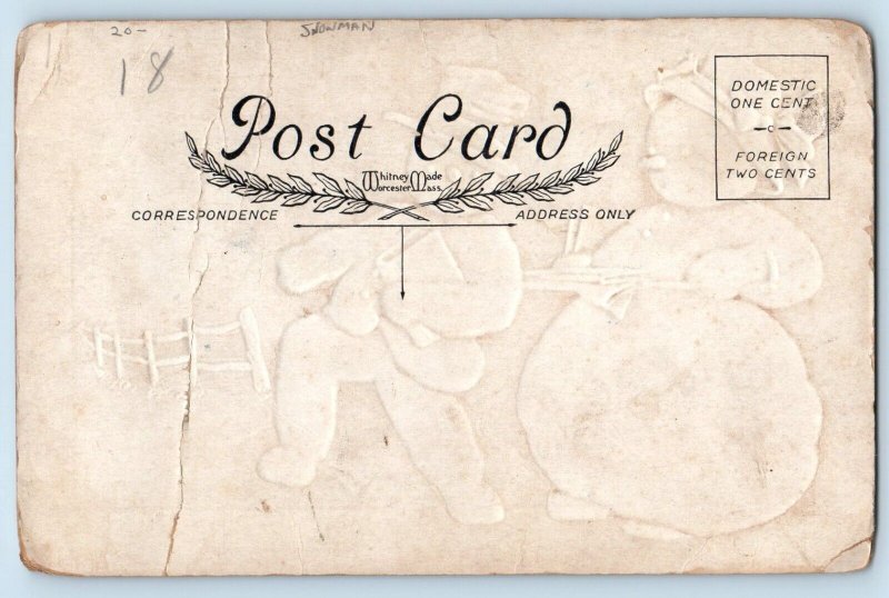 New Years Postcard Resolution Anthropomorphic Snowman Winter Scene Embossed