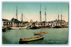 c1910's View Of The Wharf Barbados B.W.I. Canoe Boat Posted Antique Postcard 