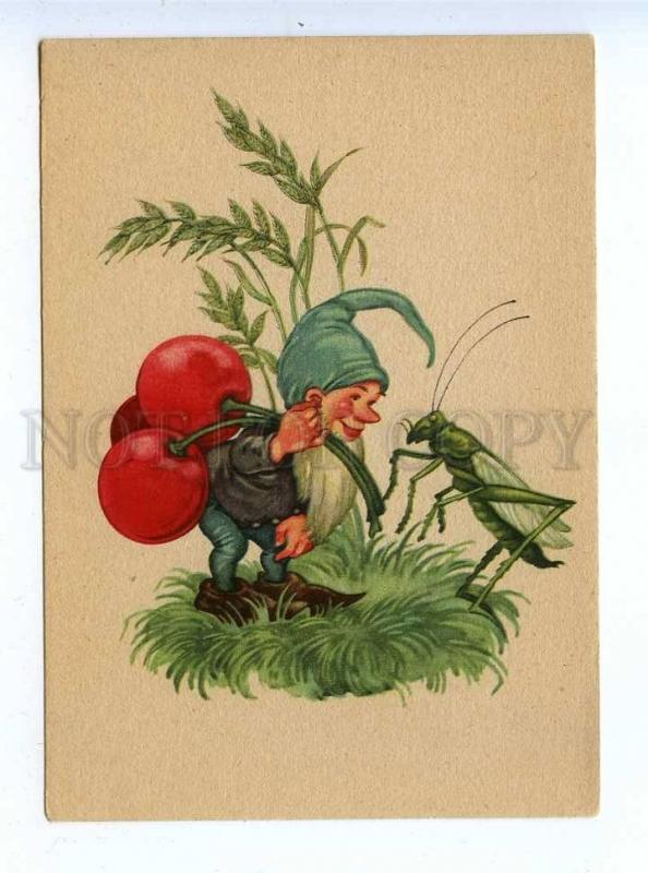 195857 GERMANY Gnome & grasshopper Vintage postcard