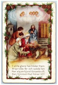 Christmas Postcard Religious Angels Lamb Pinecone Sweden Freeport MN 1916 Posted