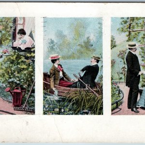 c1900s Romance Courtship Art Postcard Garden Love Story Victorian Flowers A39