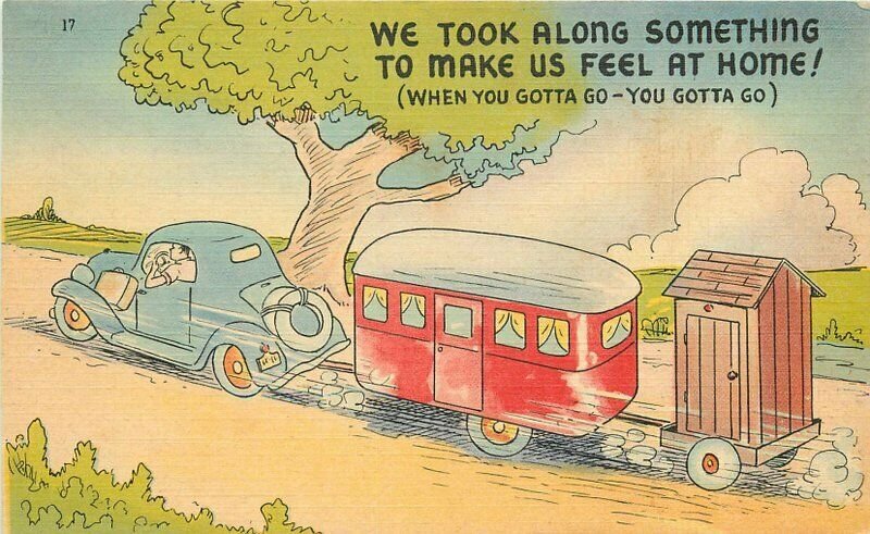 Comic Travel Trailer in route outhouse #17 1940s Postcard 20-2341