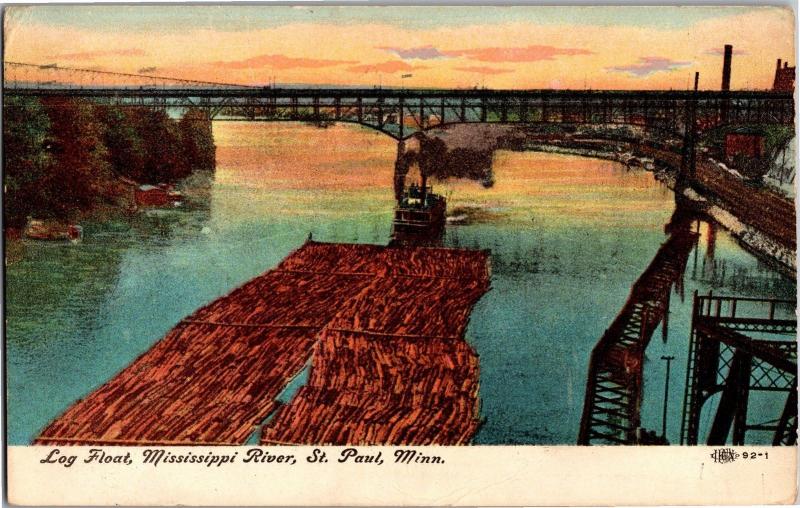 Log Float Mississippi River St. Paul Minnesota c1913 Vintage Postcard M16