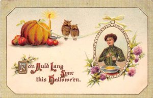 Hallowe'en Auld Lang Syne Lady In Frame, Owls, Pumpkins, Apples, & Candle PCU108