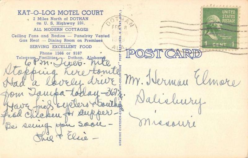 Dothan Alabama Kot O Log Motel Court Street View Antique Postcard K21195