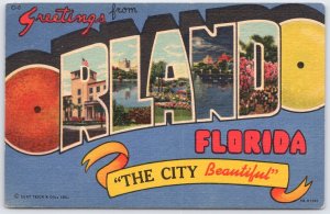 Vintage Greetings Orlando Florida Linen Postcard Curt Teich 1953 LARGE LETTER