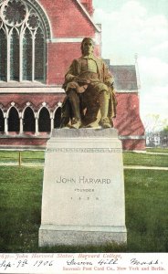 Vintage Postcard John Harvard Statue Harvard College Monument Massachusetts MA