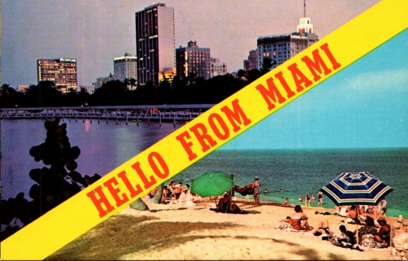 Florida Miami Greetings Hello Split View With Skyline At Night and Beach Scene