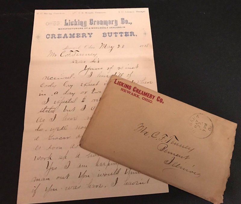 Orig 1888 The Licking Creamery Co. Newark OH  Letterhead Correspondence 5 Pages