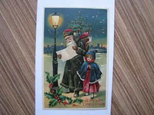 Santa Claus Antique Christmas Postcard Dark Blue Green Robe Tuck BW 298 Lampost