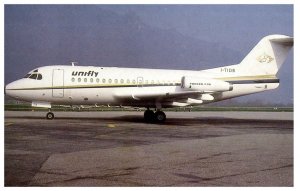 Unifly Fokker F28 Fellowship 1000 at Aeroport de Chambery 1985 Airplane Postcard