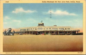 Vtg 1940's Dallas Municipal Airport Love Field Airplane Texas TX Linen Postcard