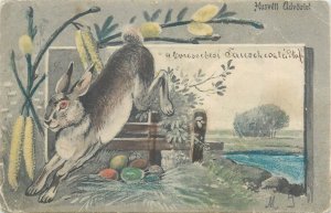 Easter greetings postcard 1906 Hungary drawn rabbit & penciled eggs fantasy 