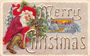 SANTA CLAUS Merry Christmas Holiday Postcard c1910 Snow Brown Boots 579