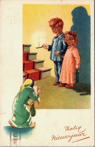 Happy New Year Green Santa Claus With Children Vintage Postcard C113