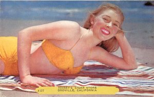 Postcard Pin Up Girl in Bikini Harry's Cigar Store Oroville CA Advertising A127