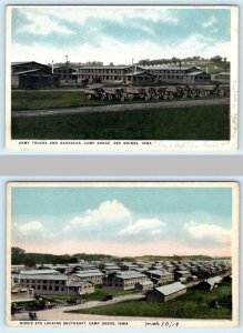 2 Postcards CAMP DODGE, Des Moines IA ~ Birdseye ARMY TRUCKS Barracks WWI 1910s