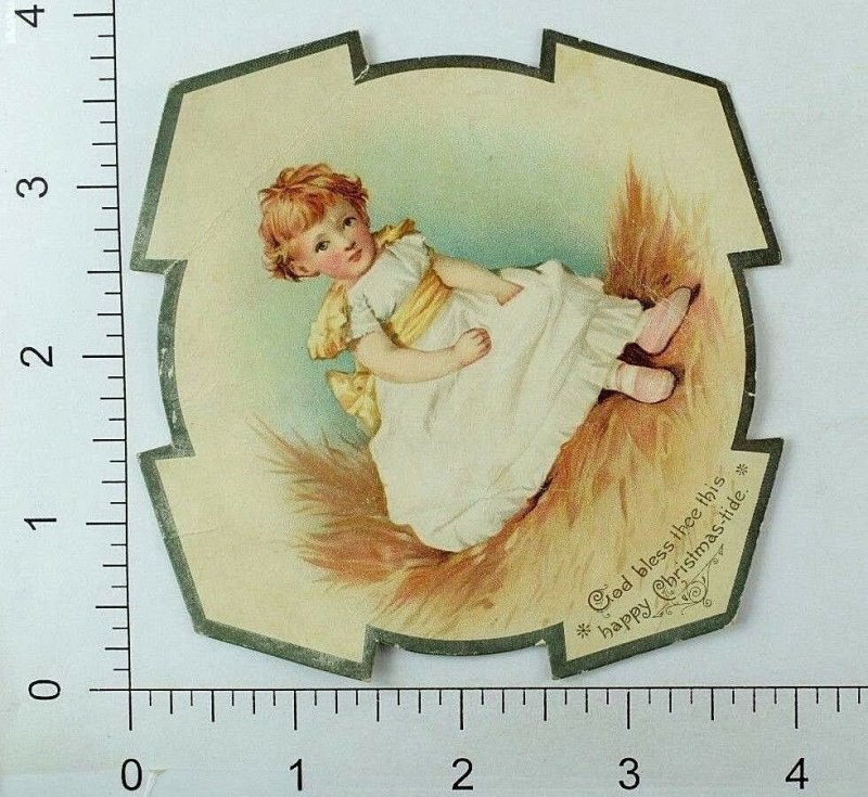 1880's-90's Die-Cut Christmas Card Adorable Child White Dress Yellow Sash &G