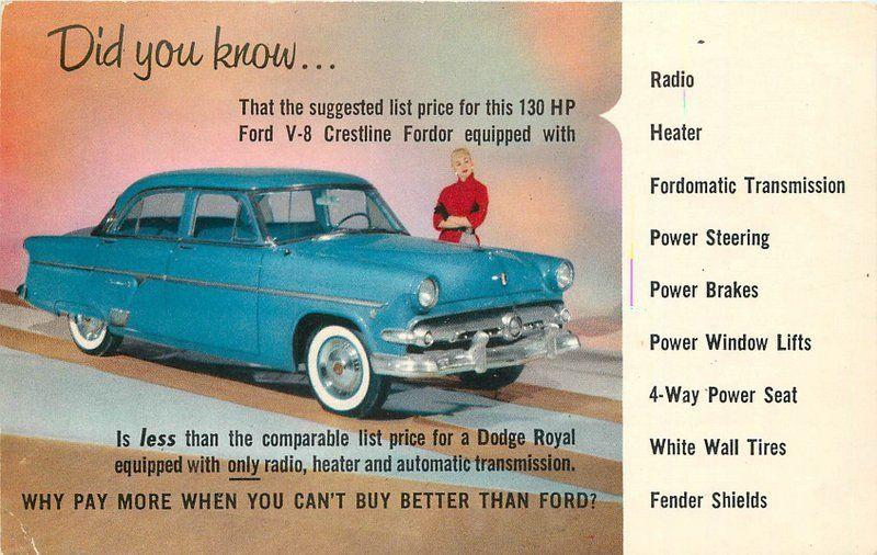 Advertising 1954 Ford dealership 130 HP V8 POSTCARD 4 door 12106