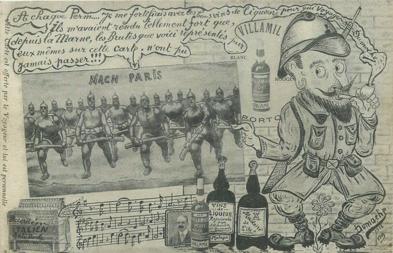 Liquor VILLAMIL advertising illustrator Dumoche 1918 military satire caricature 