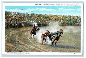 1935 Horse Rodeo Bulldogging Scene Frontier Days, Cheyenne Wyoming WY Postcard