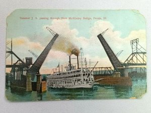 Vintage Postcard Steamer J.S. passing through New McKinley Bridge Peoria IL 1910