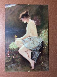 Antique Russian postcard 1916 Nude woman butterfly Psyche Mythical beauty 